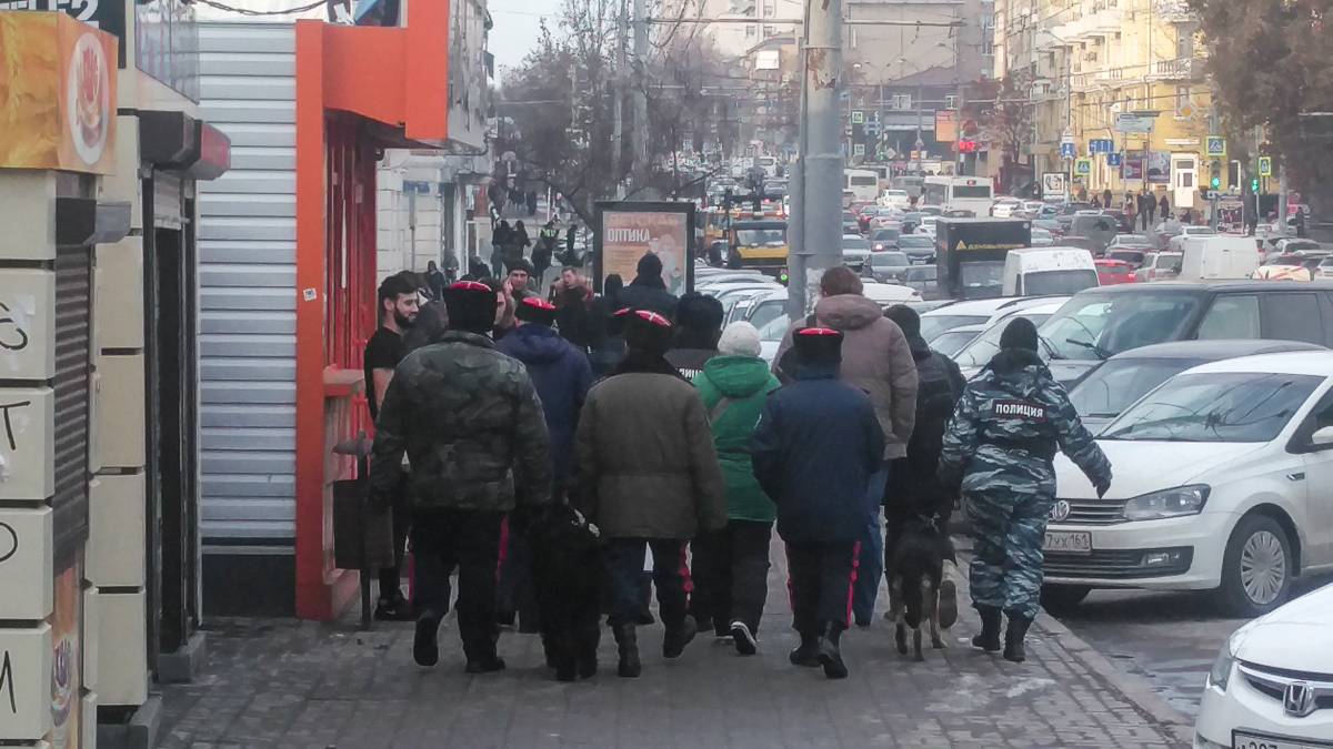 Сотрудники полиции и казаки сопровождают активиста и журналистов в отделение
