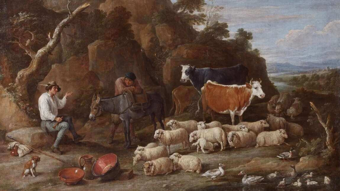Давид Тенирс Младший. Пасторальная композиция: пастухи и стадо (фрагмент). 1655