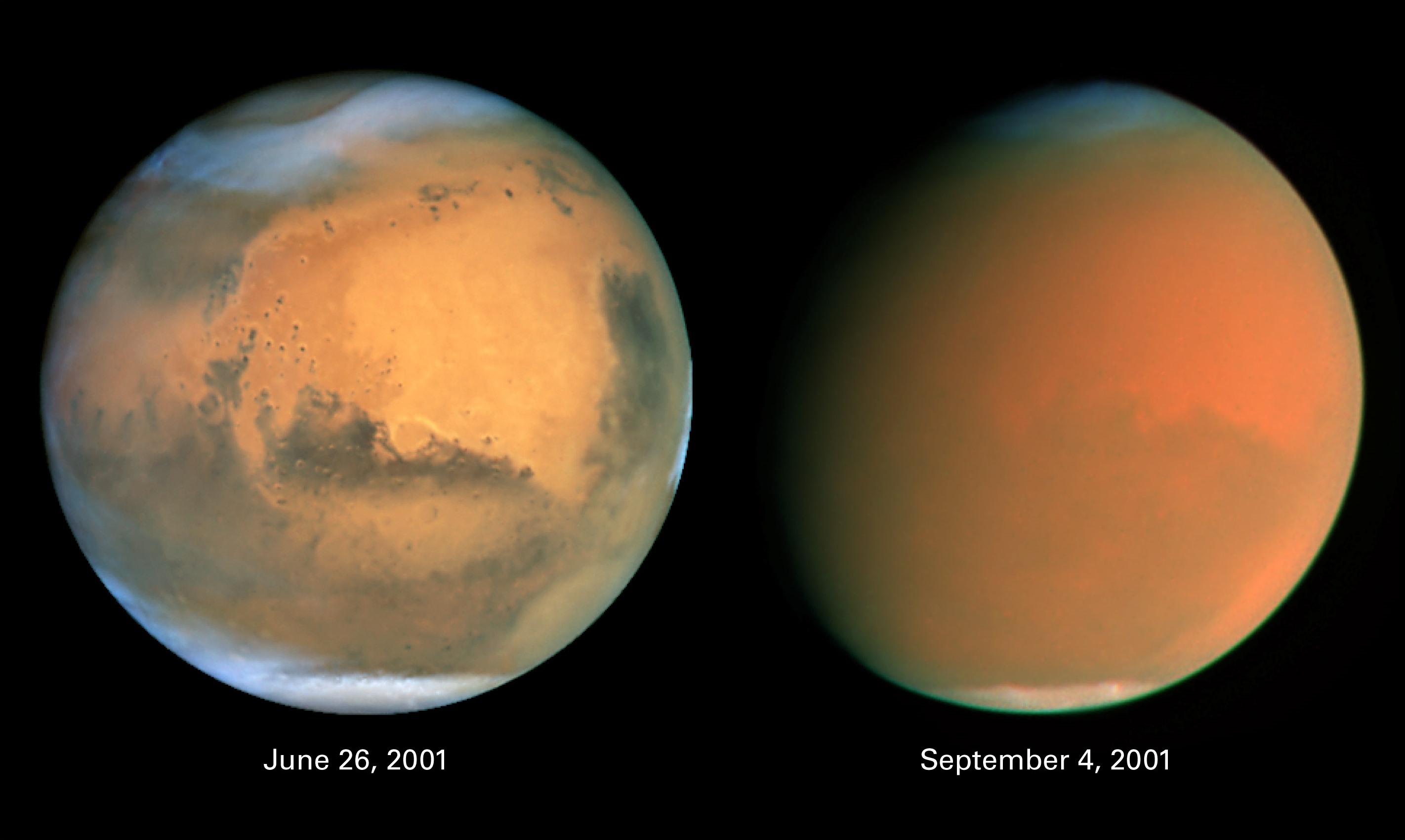 Марс без пылевой бури в июне 2001 года (слева) и с глобальной пылевой бурей в июле 2001 года