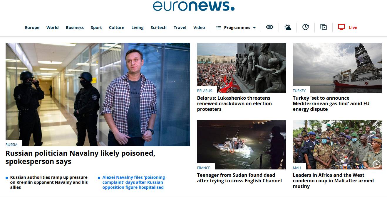 Главная страница портала Euronews на 10:44 мск