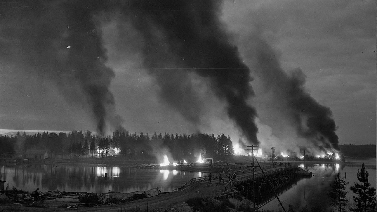 Дома, подожжённые отступающими финскими войсками. Поросозеро. Карелия. 7 июля 1944 года