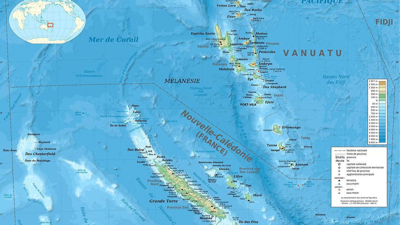 Батиметрическая и топографическая карта Новой Каледонии и Вануату. Океания.
