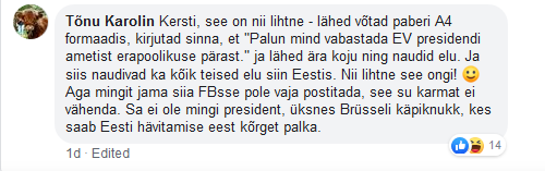 Скриншот комментария под постом Kersti Kaljulaid