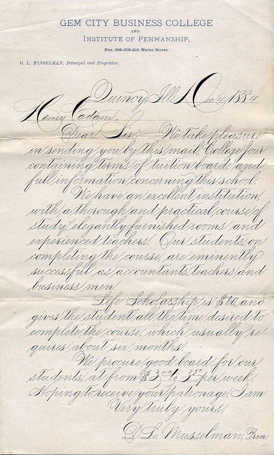 Устойчивый пример спенсерского шрифта из Бизнес-колледжа Джем-Сити в Куинси, штат Иллинойс, 1884 год