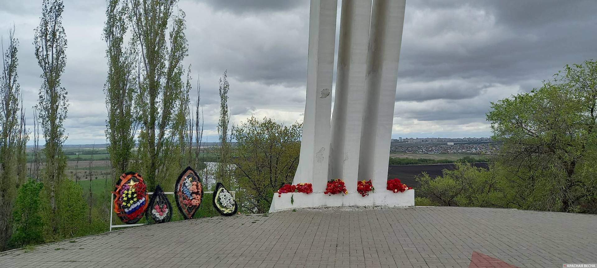 Цветы, которые возложили жители Семилук к памятнику 2-ой воздушной армии, 9 мая 2021 года