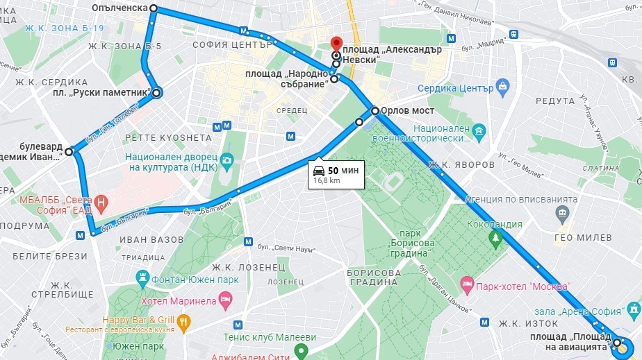 Маршрут протестного автопробега болгарских профсоюзов в Софии