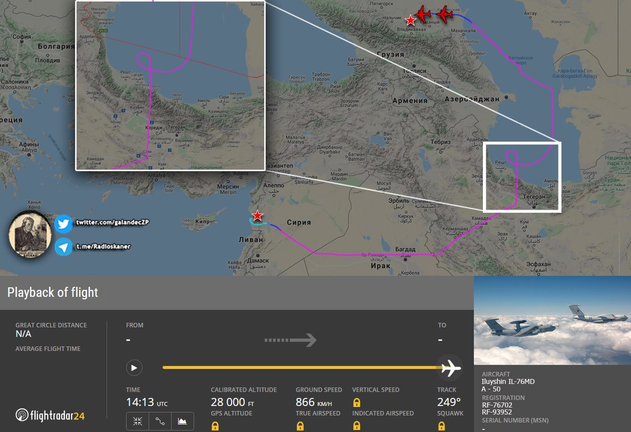 Маршрут полета самолетов ДРЛО ВКС России из Сирии через Каспийское море