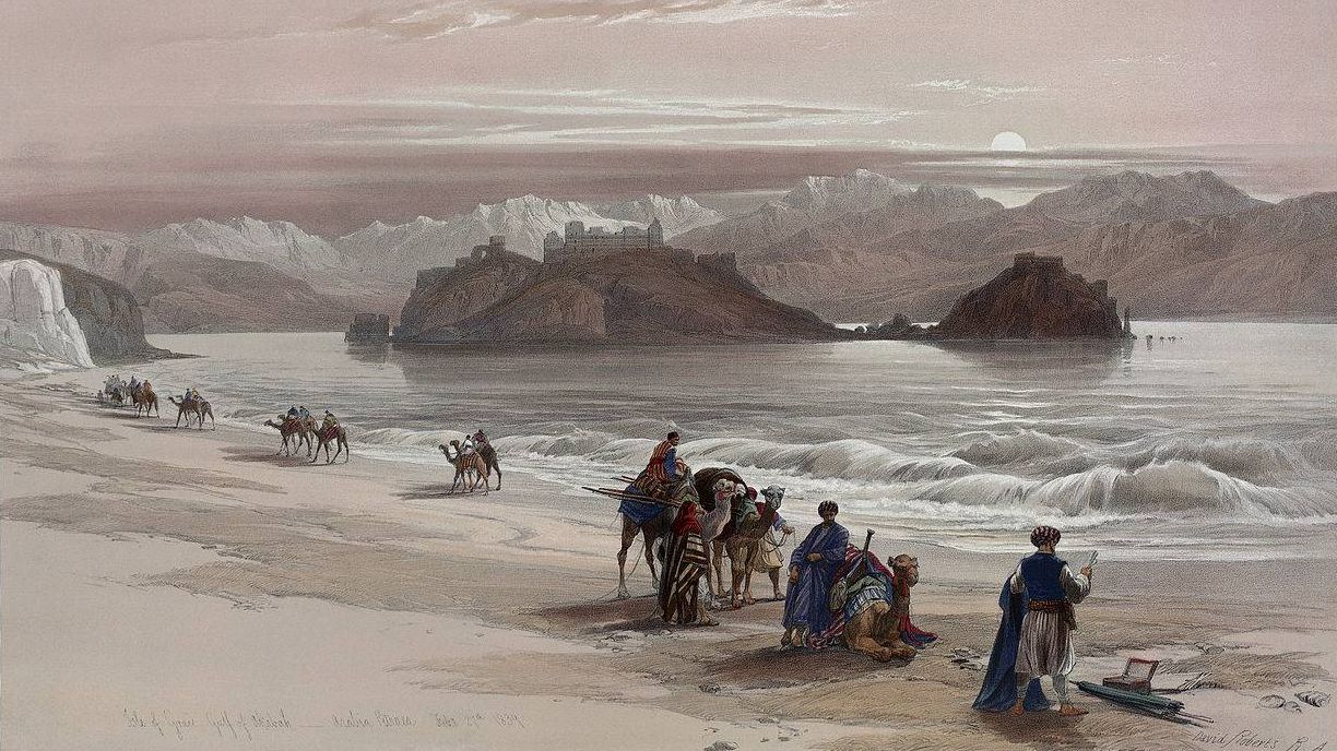 Литография по рисунку Дэвида Робертса. Остров Грайя в заливе Акаба у скал Аравии. 1839 г.