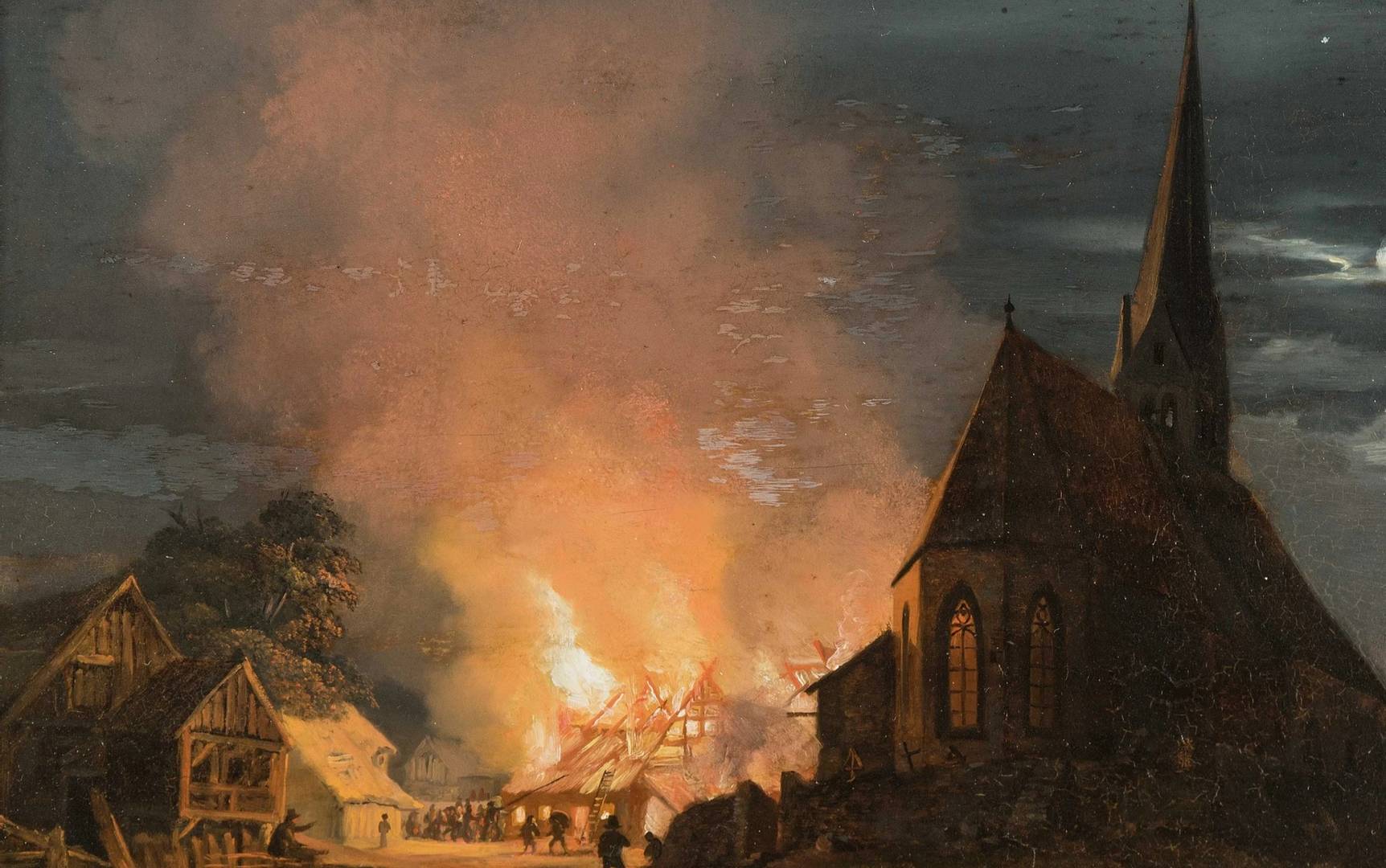 Генрих Бюркель. Ночной пожар рядом с церковью в Рамзау. 1826