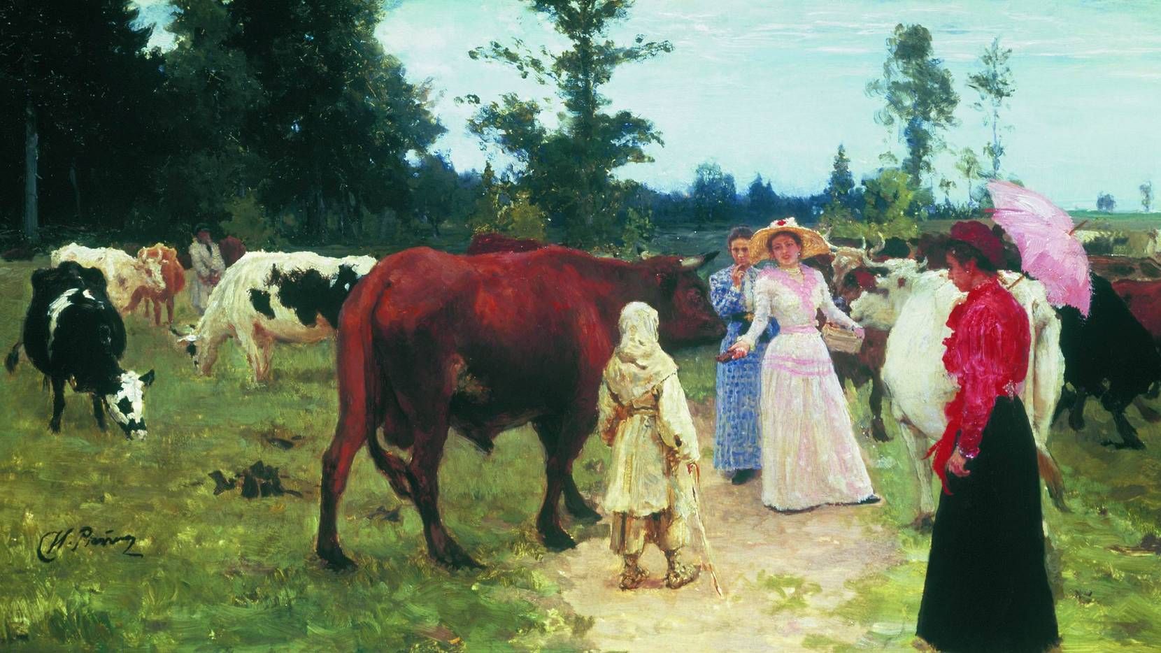 Илья Репин. Барышни на прогулке среди стада коров. 1896