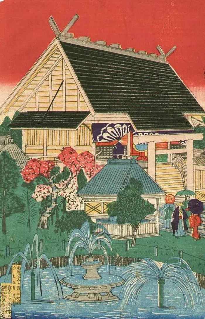 Утагава Кунитоси. Фонтан у храма Ясукуни, Токио. 1888