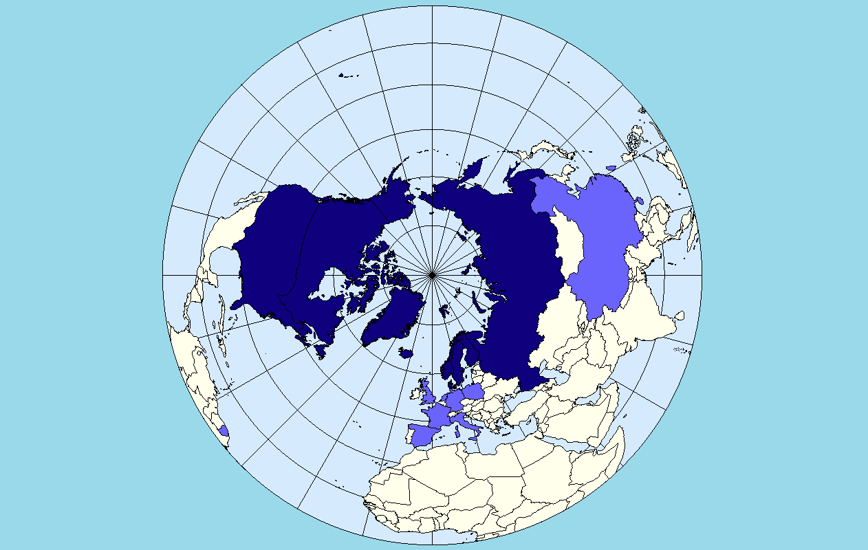 Арктический Совет. Страны участники (фиолетовый) и страны наблюдатели (голубые)