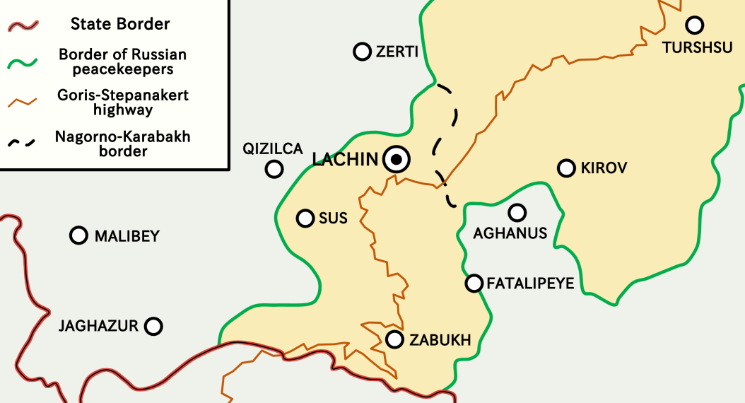 Карта Лачинского коридора шириной 5 км после соглашения о прекращении огня в Нагорном Карабахе
