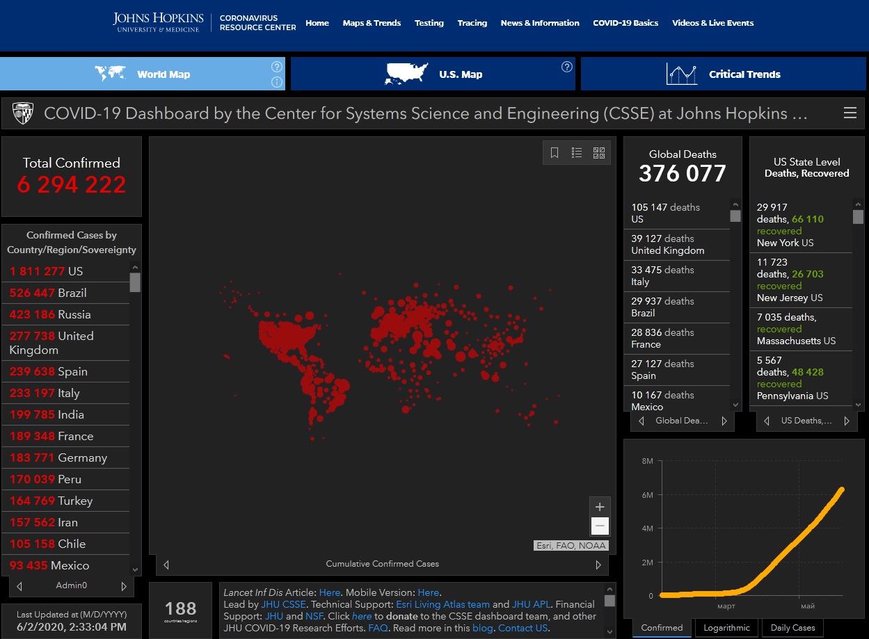 Скриншот страницы интерактивной карты мониторинга коронавируса Центр системных наук и инженерии Университета Джона Хопкинса