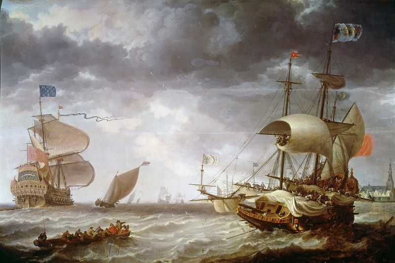 Бонавентура Петерс. Военные корабли в неспокойном море. 1636