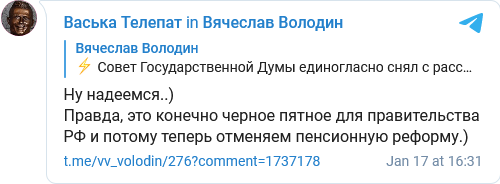 Скриншот комментария в Telegram-канале Вячеслава Володина 