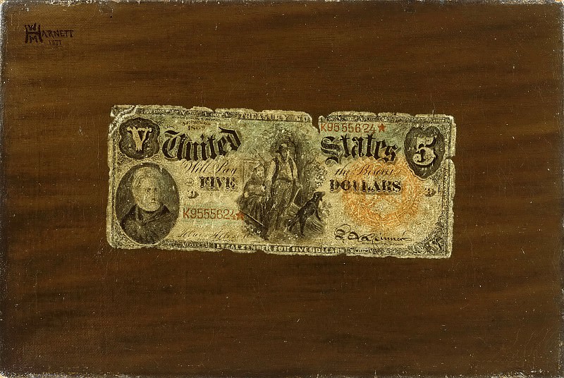 Уильям Майкл Харнет. Натюрморт с пятидолларовой купюрой. 1877