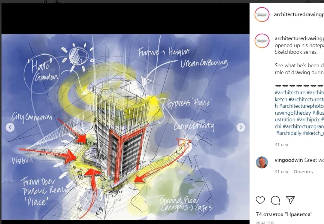 Скриншот страницы пользователя architecturedrawingprize, instagram.com