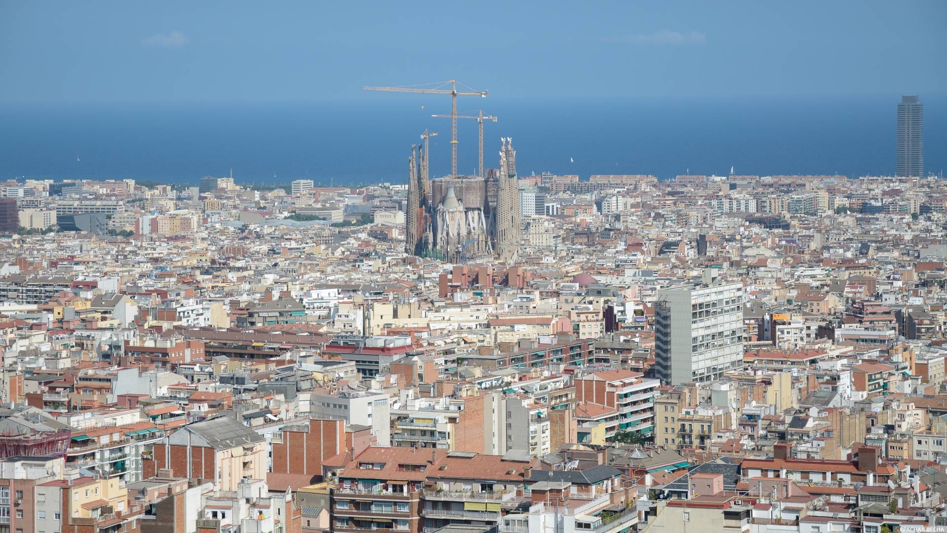 Панорама Барселоны и Храм Саграда Фамилия из парка Гуэля, Барселона, Испания.