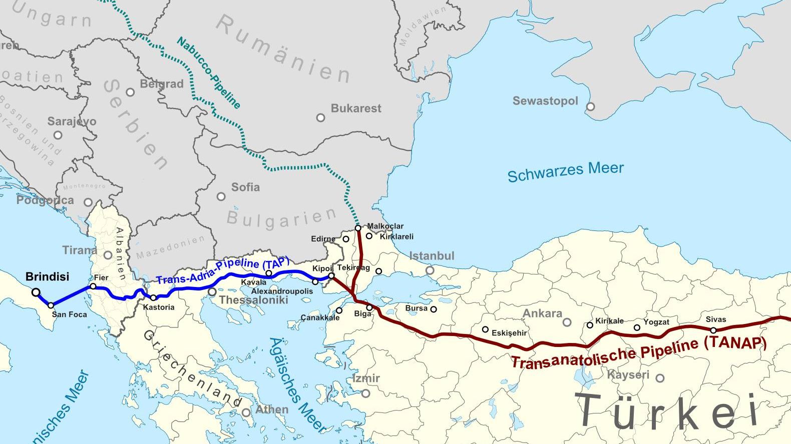 Трансанатолийский газопровод (TANAP; отмечен красным)