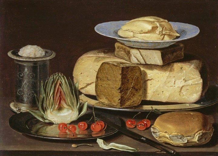 Клара Петерс. Натюрморт с сыром, артишоком и вишней. ок. 1625