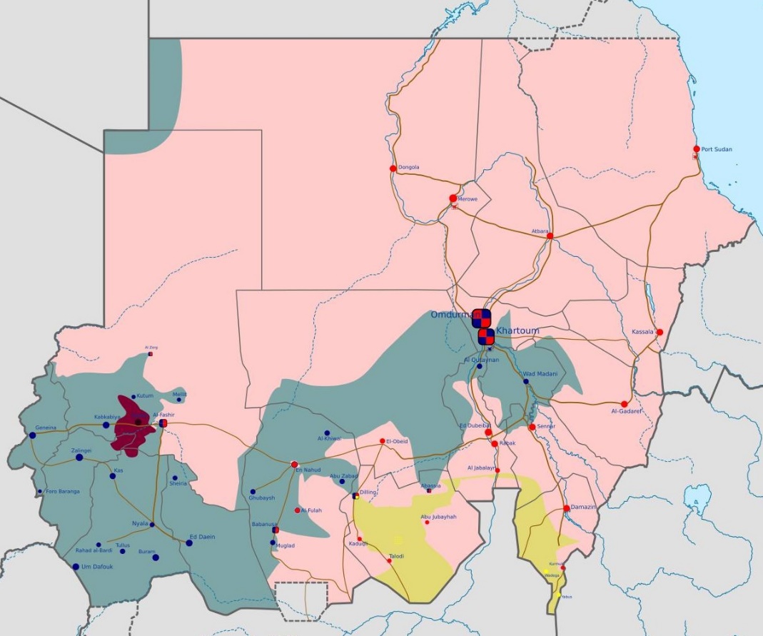 Карта гражданской войны в Судане на декабрь 2023 года. Розовым цветом обозначены территории, контролируемые армией, серо-зеленым — RSF, желтым — НОДС-Н, пурпурным — ОДС (Аль-Нур)