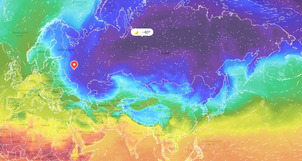 Температурная карта Евразии на 23 февраля. Цитата сервиса Яндекс:Погода