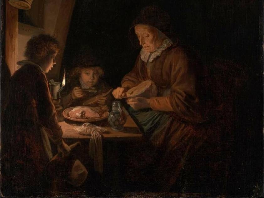 Геррит Доу. Старуха нарезает хлеб (фрагмент). 1655
