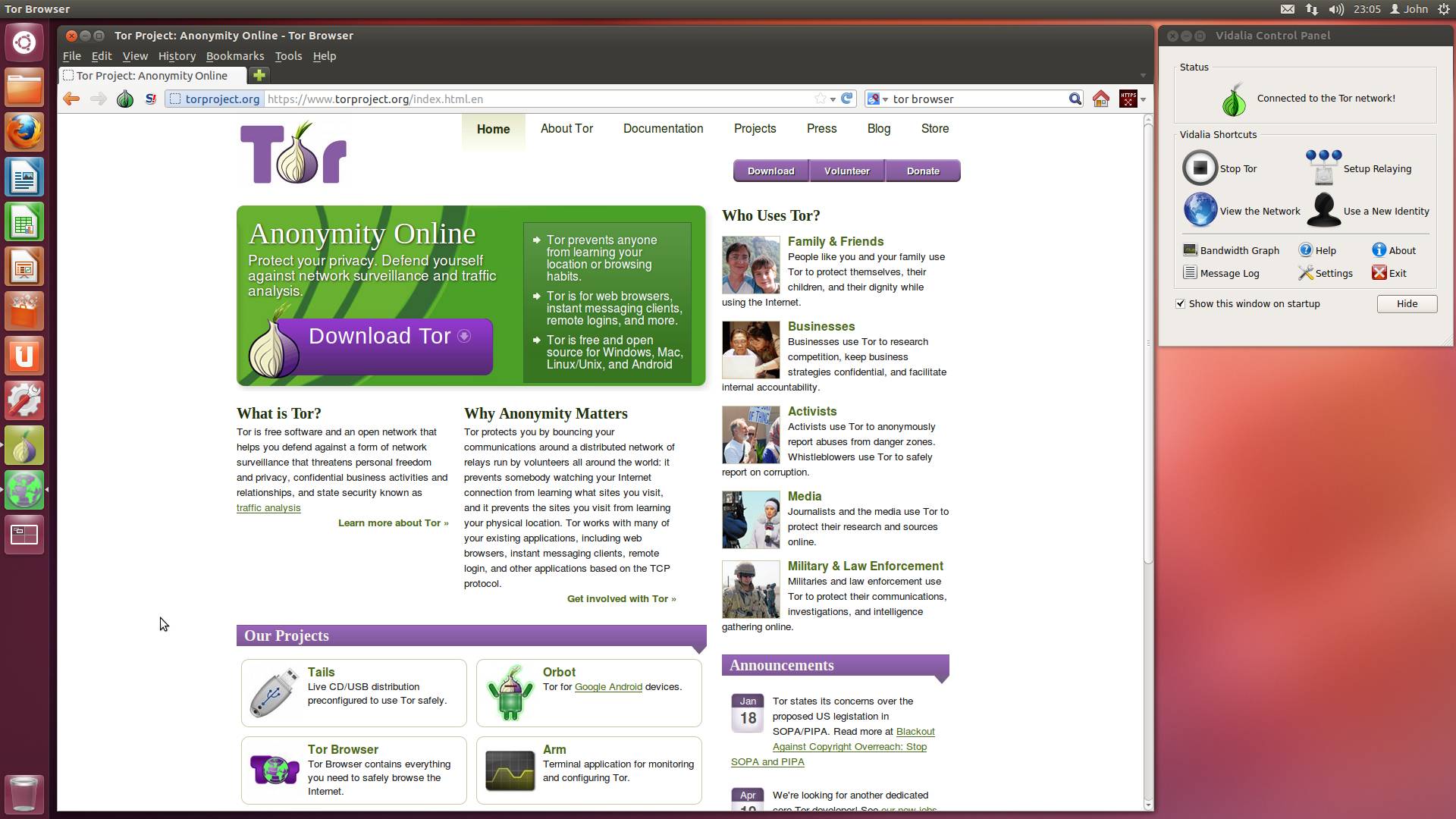 Главная страница проекта Tor, запущенная в Tor Browser