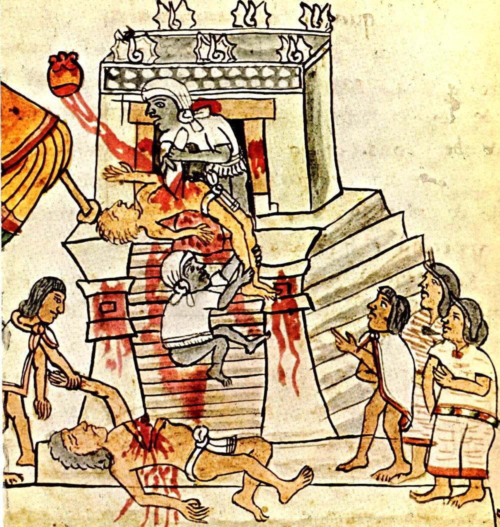 Человеческие жертвоприношения ацтеков, из Кодекса Мендосы, 16 век (Бодлеанская библиотека, Оксфорд)