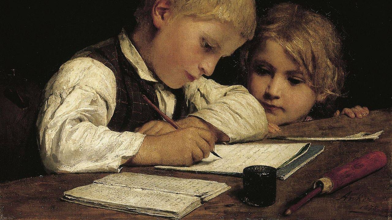 Альберт Анкер. Пишущий мальчик с сестрой. 1875