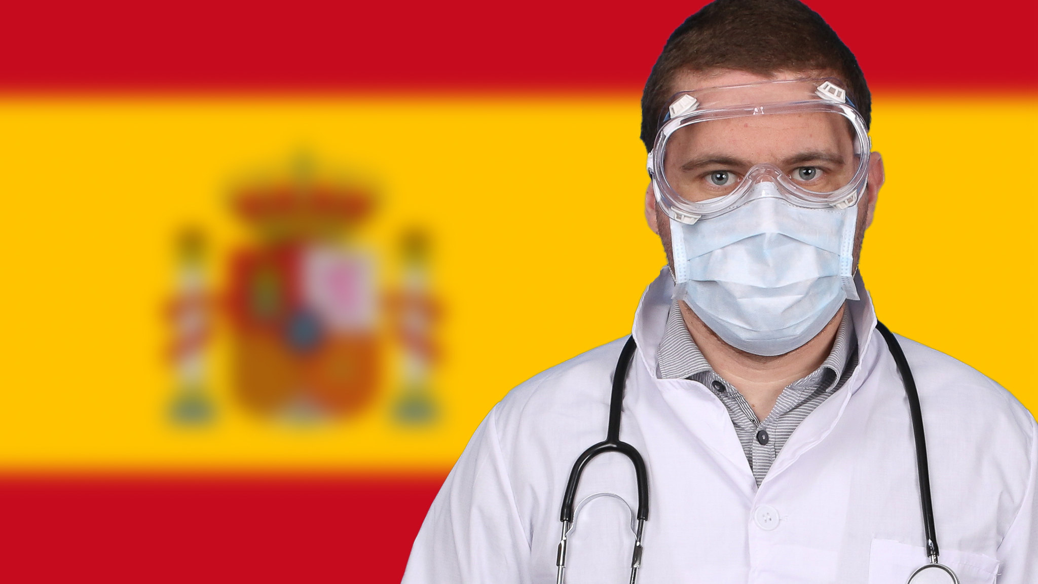 В маске на фоне испанского флага