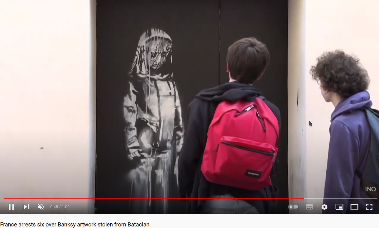 Цитата из видео: France arrests six over Banksy artwork stolen from Bataclan, INQUIRER.net, 2020
