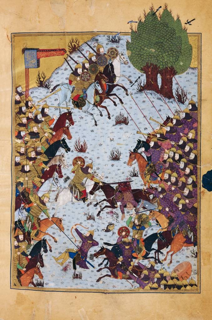 Битва иранского царя Кей-Хосрова и туранского царя Афросиаба. Иллюстрация к «Шахнаме» Фирдоуси