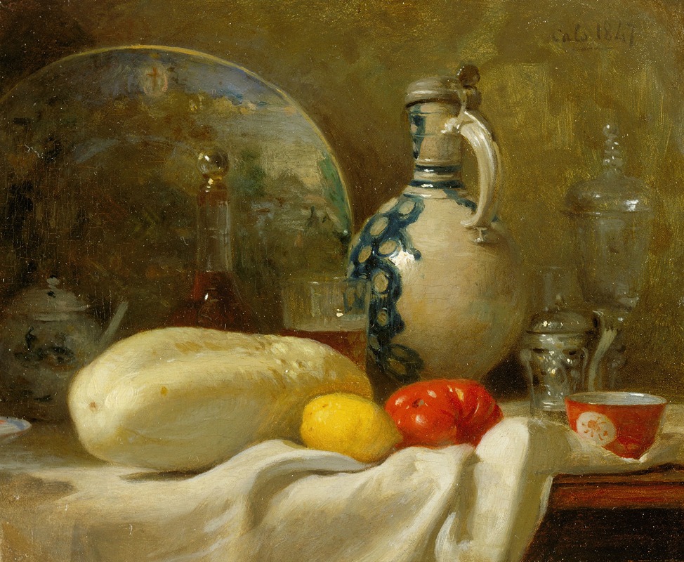 Адольф-Феликс Кальс, Натюрморт с огурцом и кувшином (1847)