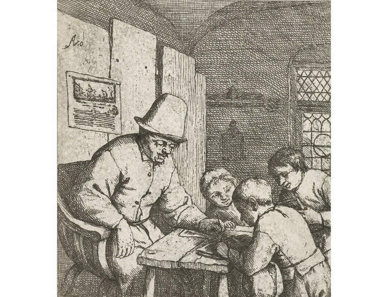 Адриан ван Остаде. Школьный учитель с тремя учениками за столом. 1679