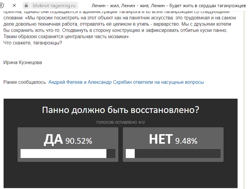 Результаты голосования по вопросу восстановления мозаичного панно с портретом В.•И.•Ленина