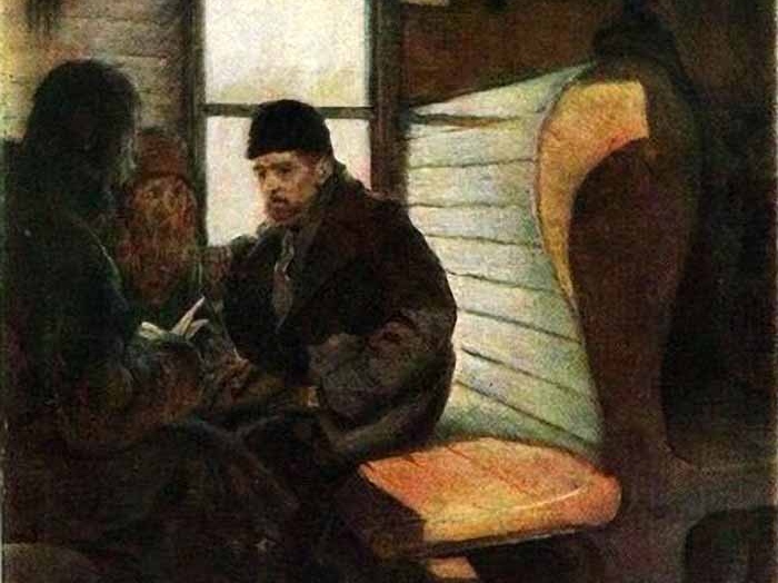 Сергей Иванов. В дороге. Агитатор в вагоне (фрагмент). 1886