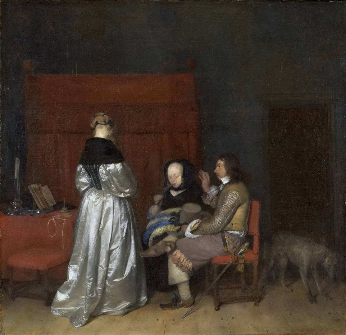 Герард Терборх. Интерьер комнаты с тремя членами семьи, беседующими на извечную тему. Отцовское наставление. 1653-1655
