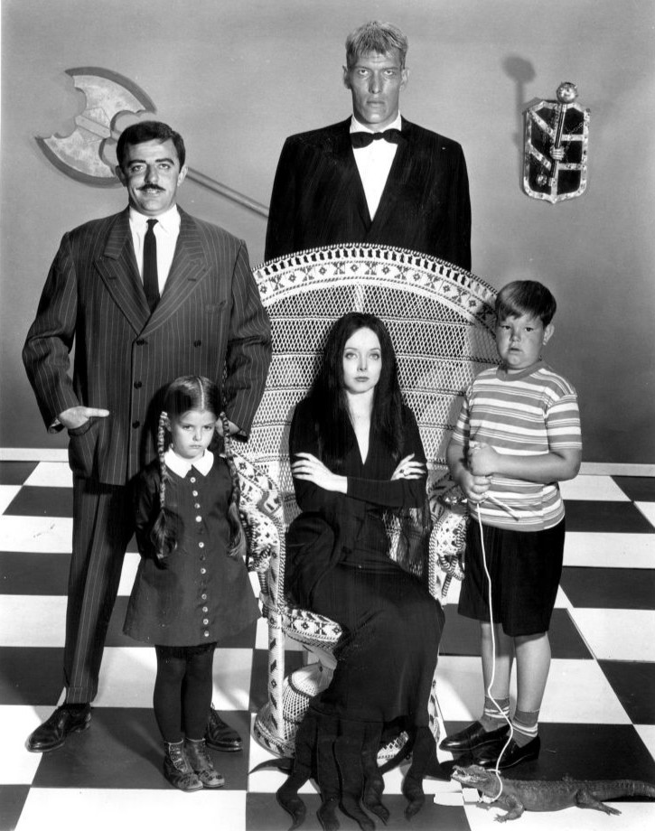 «Семейка Аддамс». Слева направо — Джон Астин (Гомес), Тед Кэссиди (Крен). Стоя, спереди — Лиза Лоринг, Кен Ветровоск (Пагсли). Сидящая -Кэролин Джонс (Мортисия).