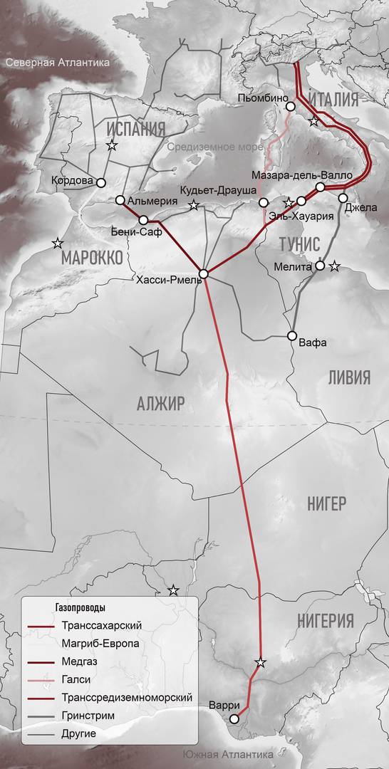 Транссахарский газопровод (обозначен красным цветом)