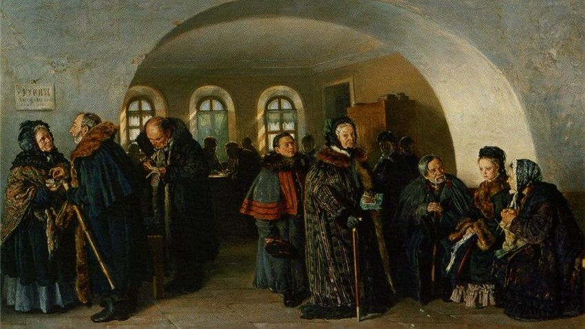 Владимир Егорович Маковский. Получение пенсии (Сцена в казначействе при получении пенсии). 1876
