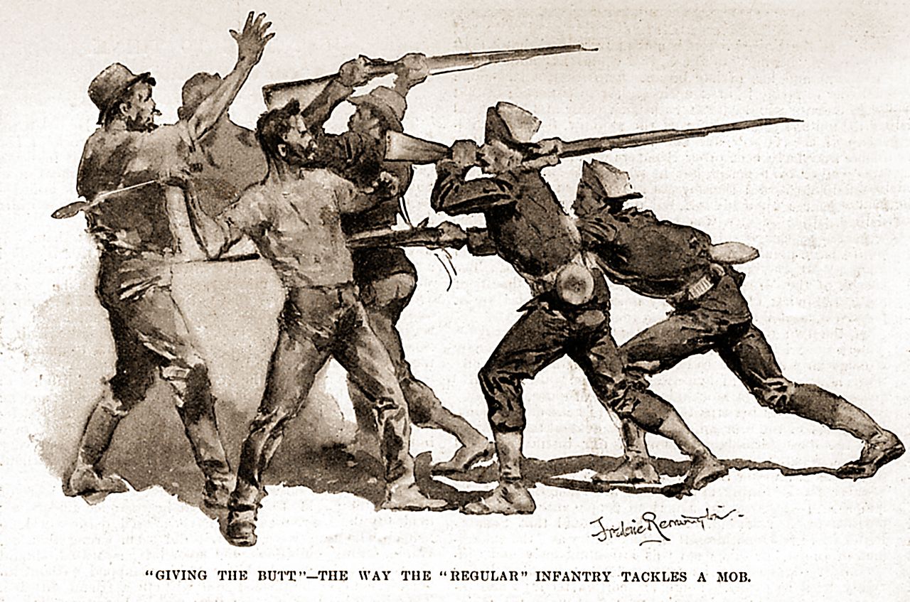 Фредерик Ремингтон. «Дай им прикладом» — как регулярная пехота расправляется с бастующими рабочими. 1894