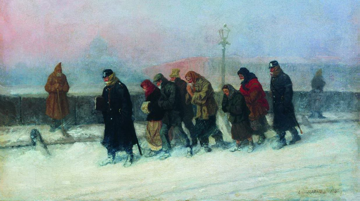 Леонид Соломаткин. Препровождение арестованных (фрагмент). 1881