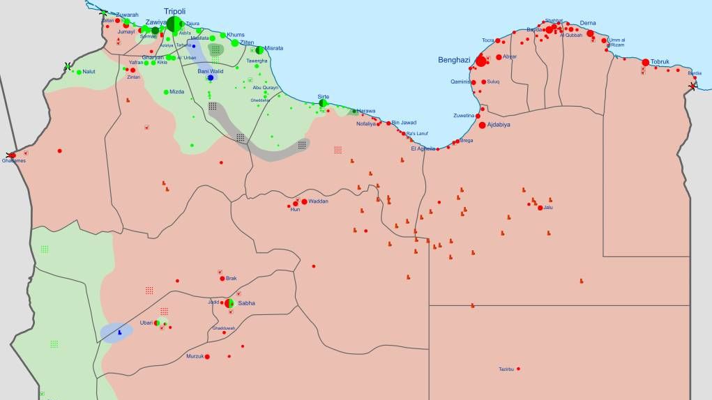 Ливия, середина 2019 года. Красным цветом обозначены районы под контролем ЛНА, зеленым — под контролем «международно признанного» правительства
