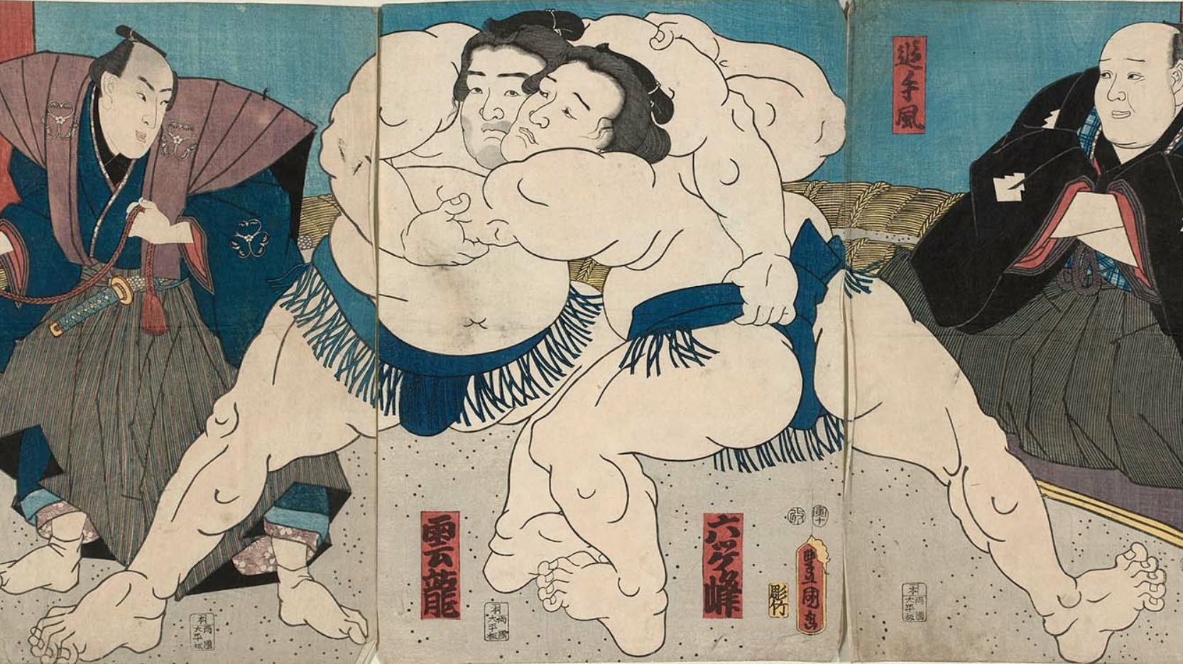 Утагава Кунисада. Борцы сумо (фрагмент триптиха). 1851