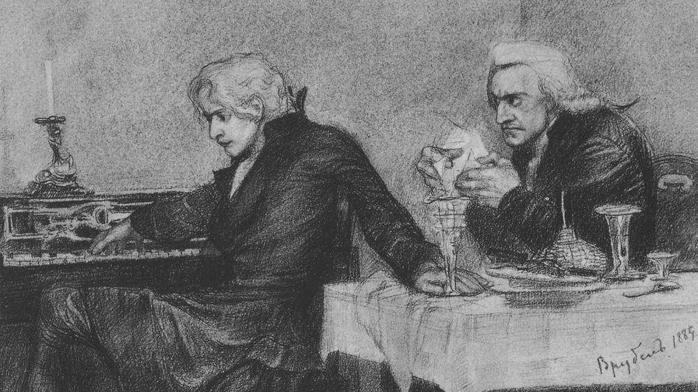 Врубель Михаил. Сальери наливает яд в бокал Моцарта. 1884