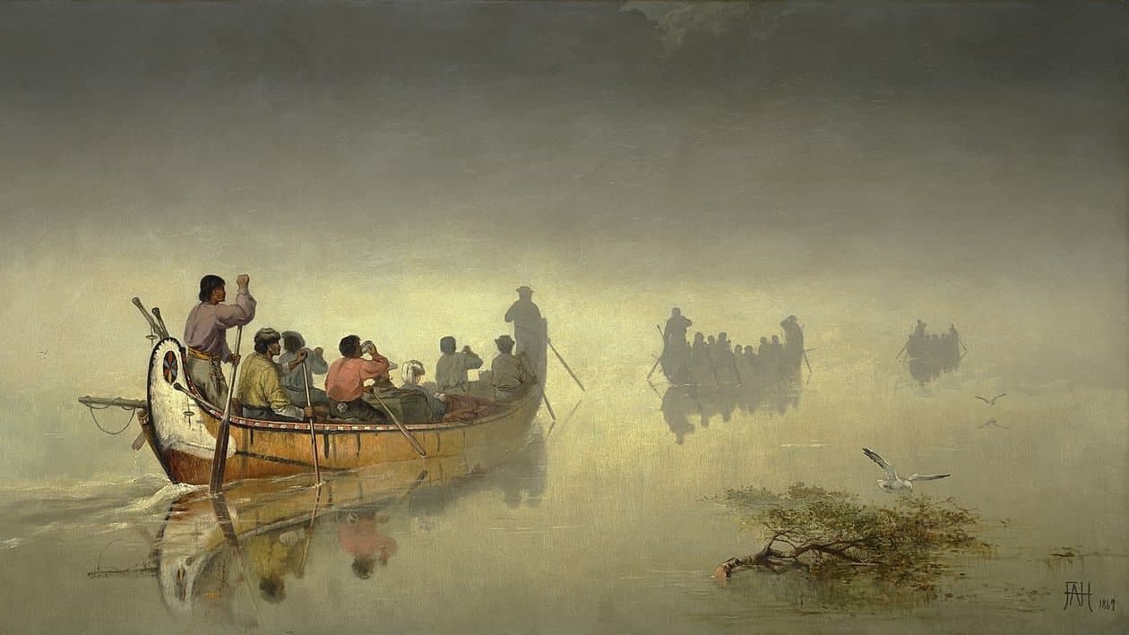 Франсис Анна Хопкинс. Каноэ в тумане. Верхнее озеро. 1869