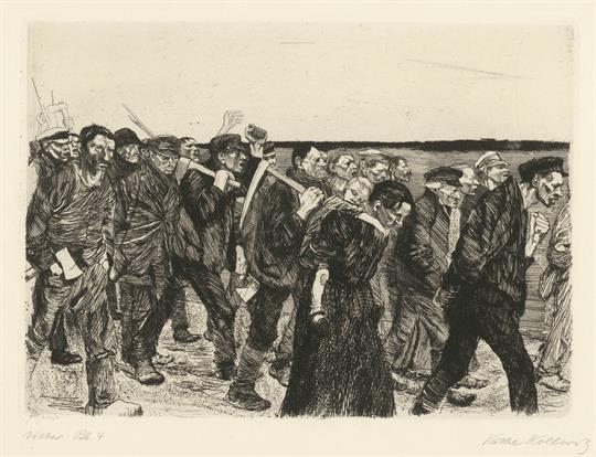 Кете Кольвиц. Марш ткачей. Офорт из цикла «Восстание ткачей». 1893–1897