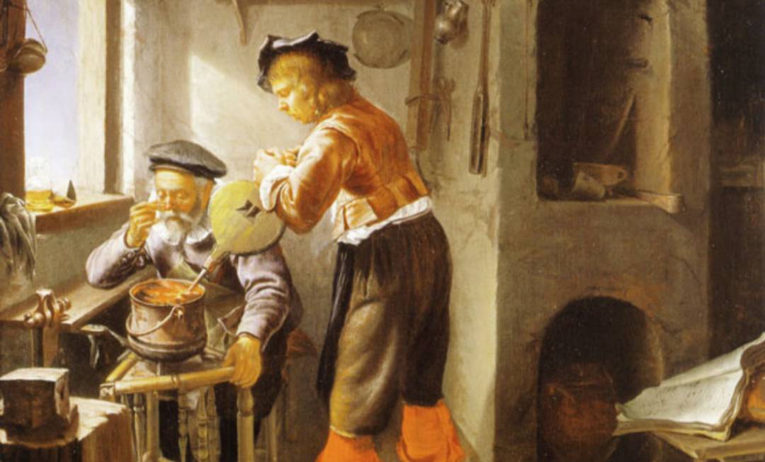 Франц ван Морис Старший. Алхимик и его помощник в мастерской (фрагмент). 1665